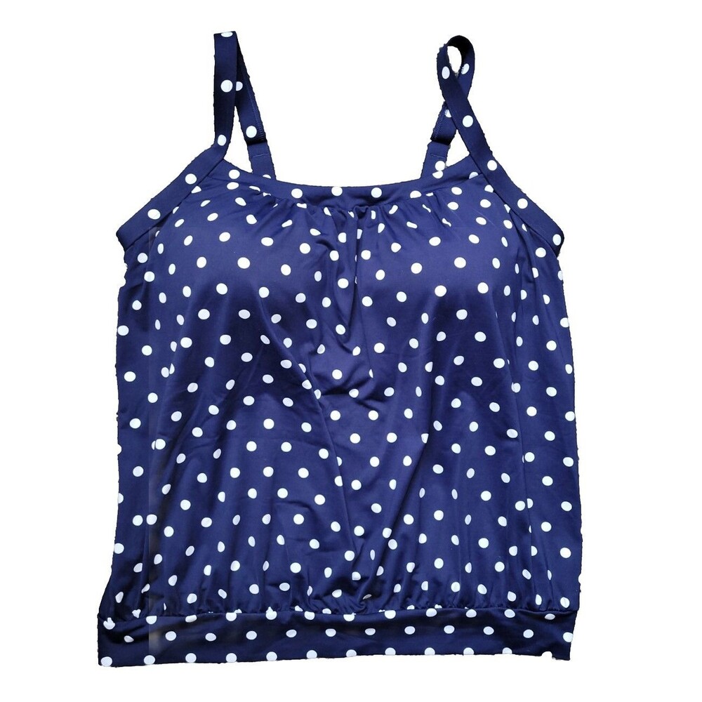 Lands' End Women's 16D Navy Tankini Top Swim Polka Dot Tummy Hiding Blosson S13